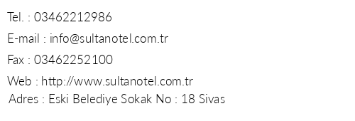 Sultan Otel telefon numaralar, faks, e-mail, posta adresi ve iletiim bilgileri